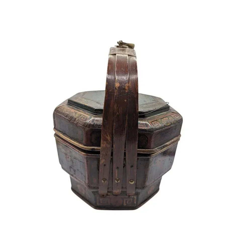 Antique Chinese Bamboo Wedding Basket Box Laquer Finsh Brass Handle